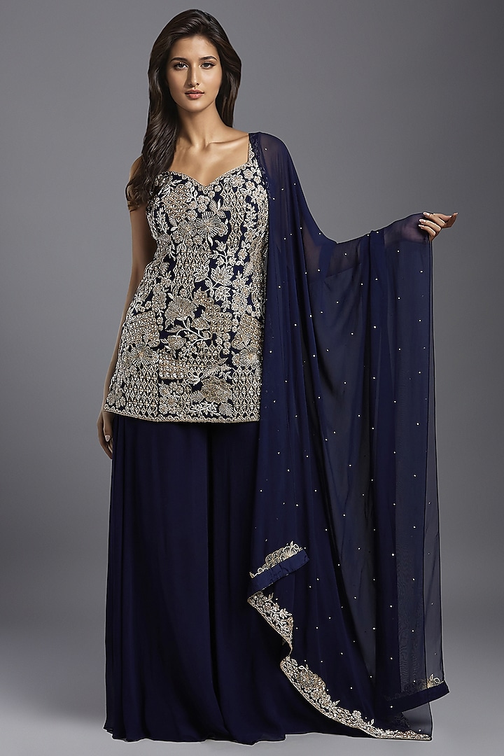 Navy Blue Georgette Sharara Set by Maisolos at Pernia's Pop Up Shop