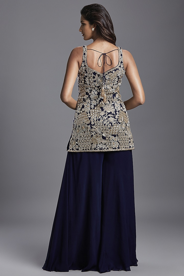 Navy Blue Georgette Wedding Sharara Set by Maisolos at Pernia's Pop Up Shop