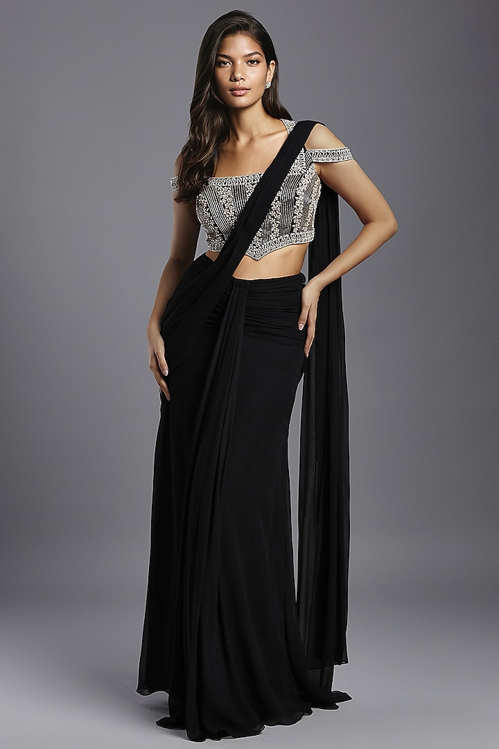 Black Georgette Draped Saree Set by Maisolos at Pernia's Pop Up Shop