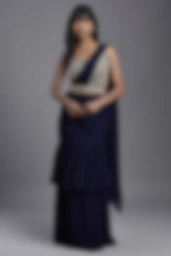 Navy Blue Georgette Draped Saree Set by Maisolos at Pernia's Pop Up Shop