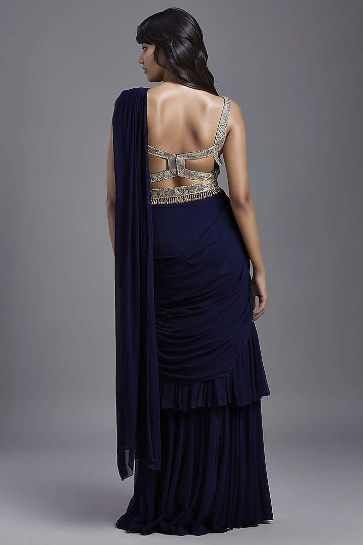 Navy Blue Georgette Draped Wedding Saree Set by Maisolos at Pernia's Pop Up Shop