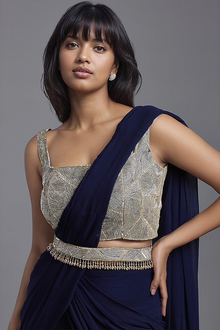 Navy Blue Georgette Draped Wedding Saree Set by Maisolos at Pernia's Pop Up Shop