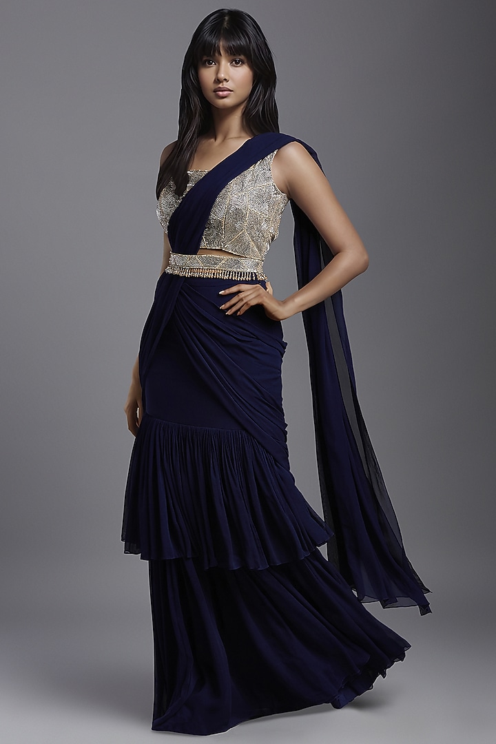 Navy Blue Georgette Draped Wedding Saree Set by Maisolos at Pernia's Pop Up Shop