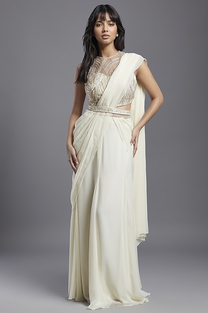 Ivory Georgette Draped Saree Set by Maisolos at Pernia's Pop Up Shop