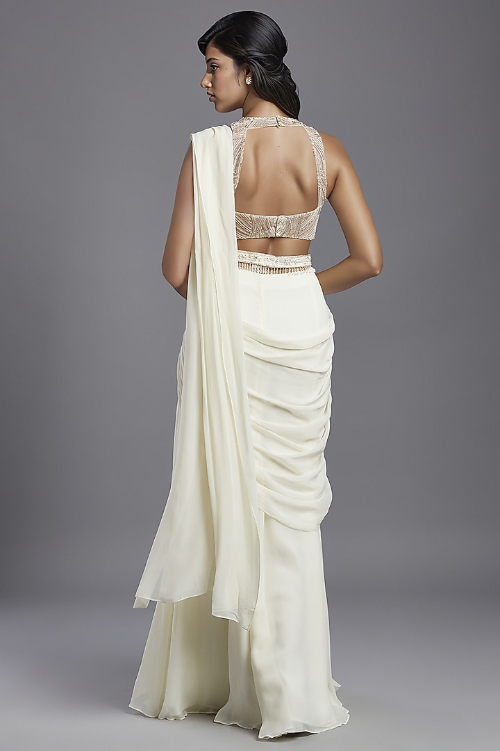 Ivory Georgette Draped Wedding Saree Set by Maisolos at Pernia's Pop Up Shop