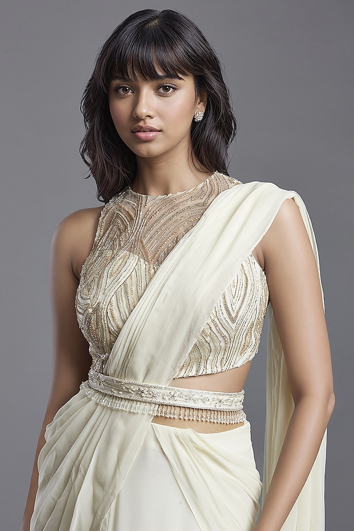 Ivory Georgette Draped Wedding Saree Set by Maisolos at Pernia's Pop Up Shop