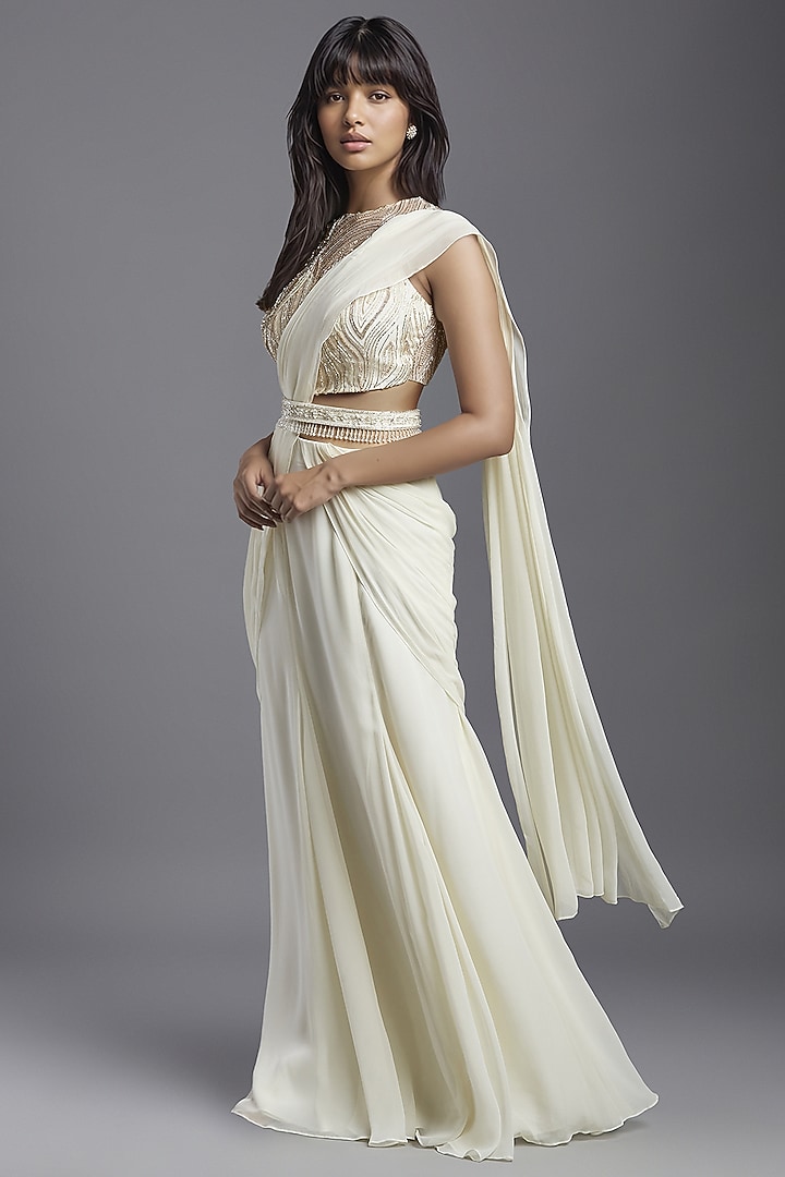 Ivory Georgette Draped Wedding Saree Set by Maisolos at Pernia's Pop Up Shop