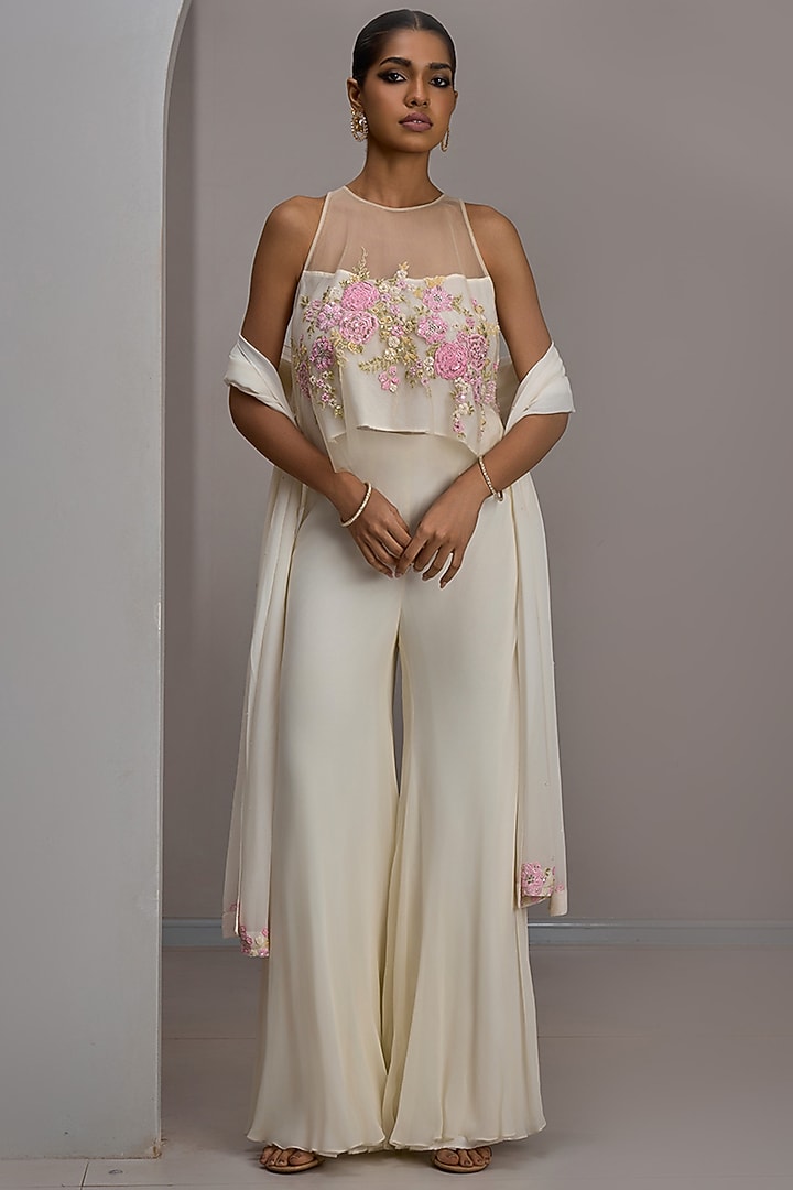 Ivory Georgette Flared Wedding Sharara Set by Maisolos at Pernia's Pop Up Shop