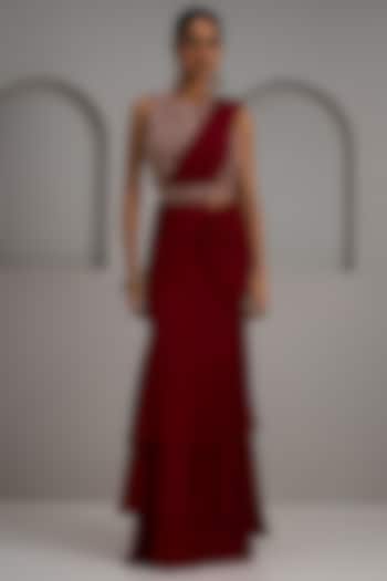 Red Georgette Layered Draped Wedding Saree Set by Maisolos at Pernia's Pop Up Shop