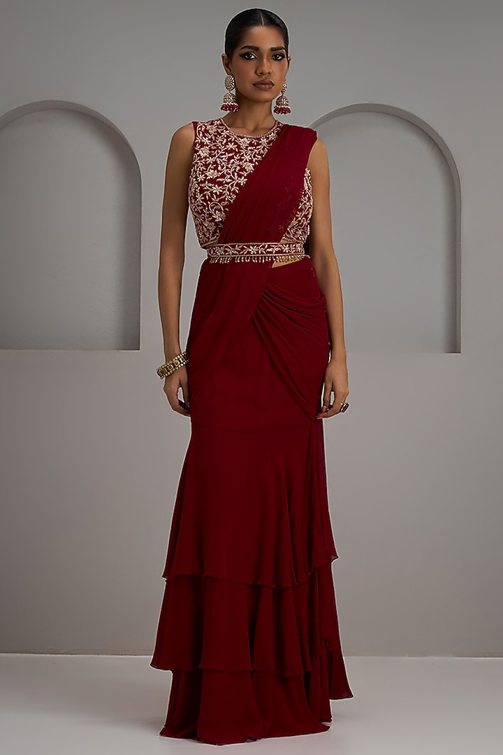 Red Georgette Layered Draped Wedding Saree Set by Maisolos at Pernia's Pop Up Shop
