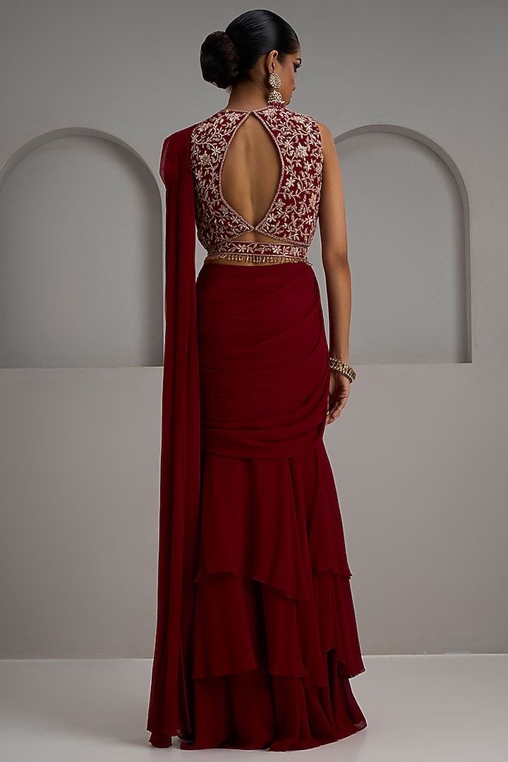Red Georgette Layered Draped Wedding Saree Set by Maisolos at Pernia's Pop Up Shop
