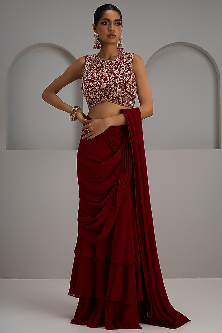 Red Georgette Layered Draped Wedding Saree Set by Maisolos at Pernia's Pop Up Shop