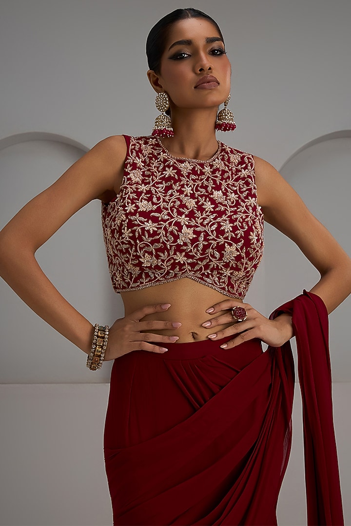 Red Georgette Layered Draped Wedding Saree Set by Maisolos at Pernia's Pop Up Shop