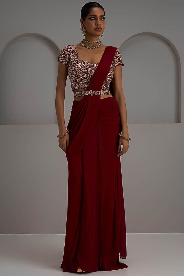 Red Georgette Draped Wedding Saree Set by Maisolos at Pernia's Pop Up Shop