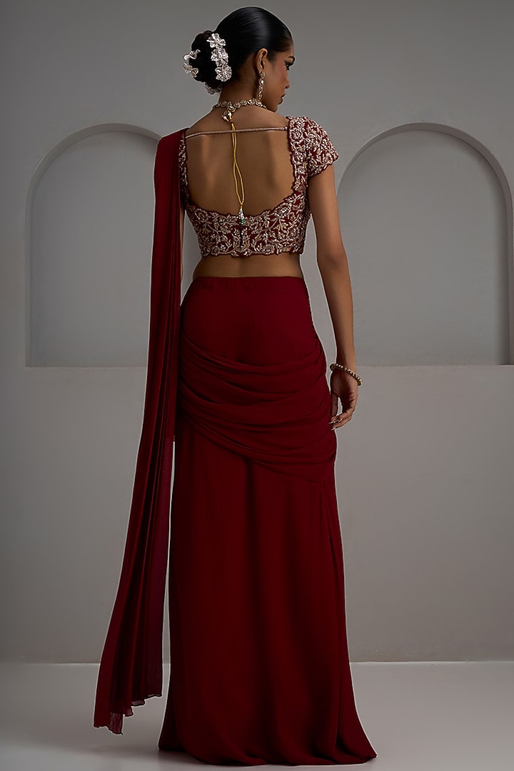 Red Georgette Draped Wedding Saree Set by Maisolos at Pernia's Pop Up Shop