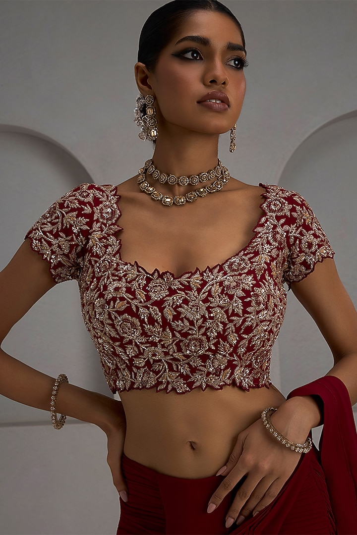 Red Georgette Draped Wedding Saree Set by Maisolos at Pernia's Pop Up Shop