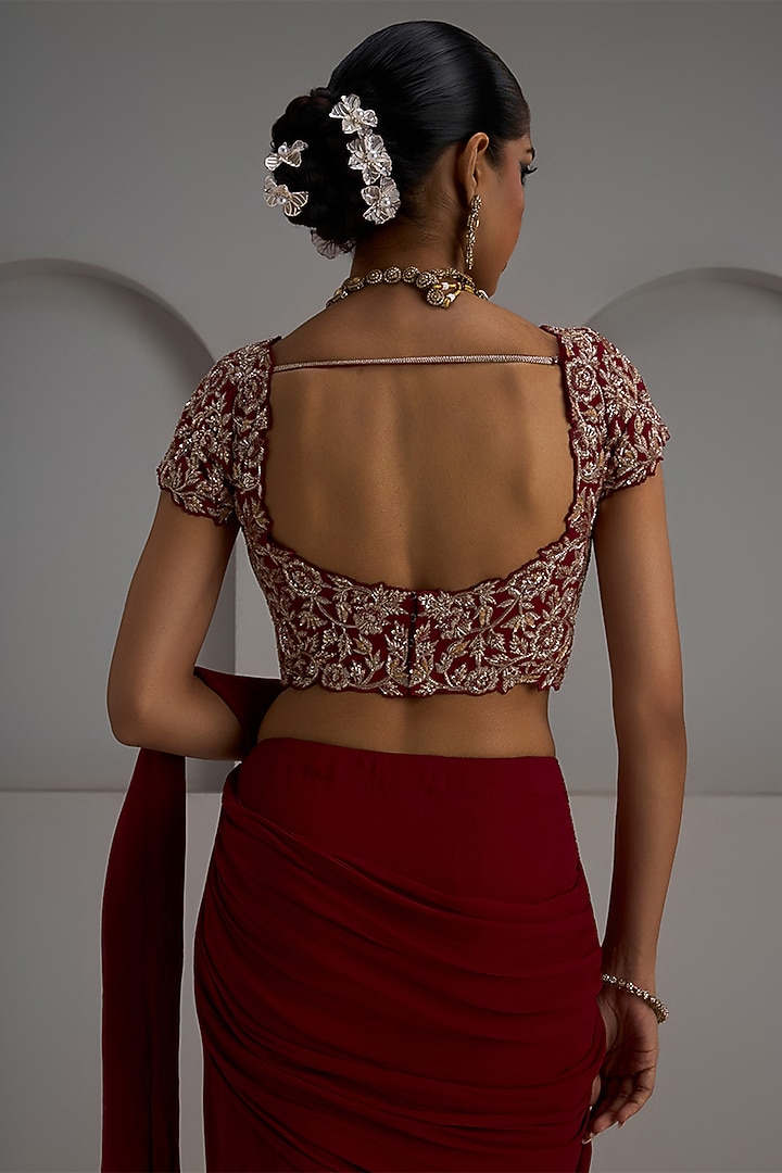 Red Georgette Draped Wedding Saree Set by Maisolos at Pernia's Pop Up Shop