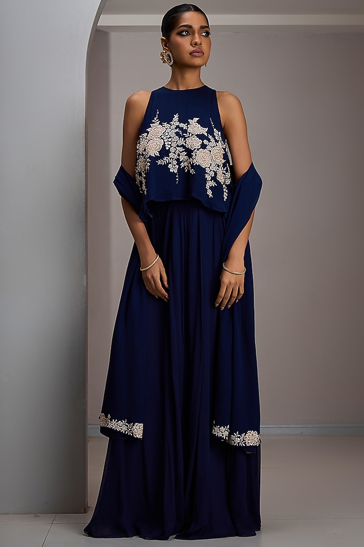 Navy Blue Georgette Flared Wedding Sharara Set by Maisolos at Pernia's Pop Up Shop