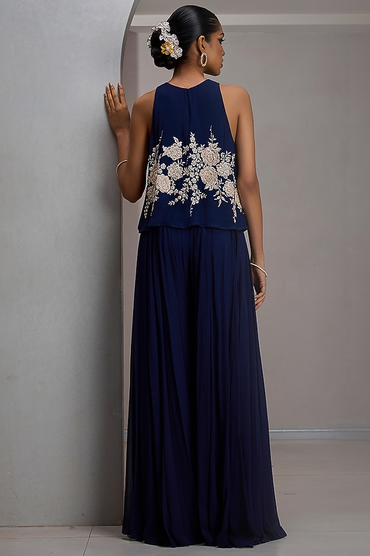 Navy Blue Georgette Flared Wedding Sharara Set by Maisolos at Pernia's Pop Up Shop