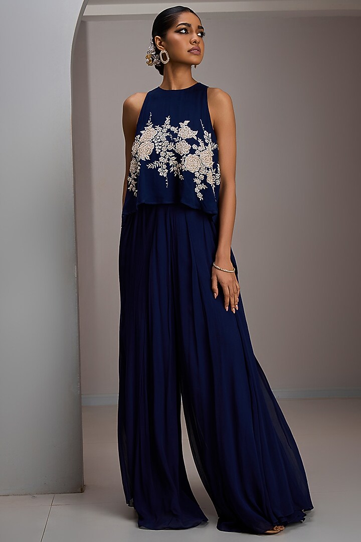 Navy Blue Georgette Flared Wedding Sharara Set by Maisolos at Pernia's Pop Up Shop