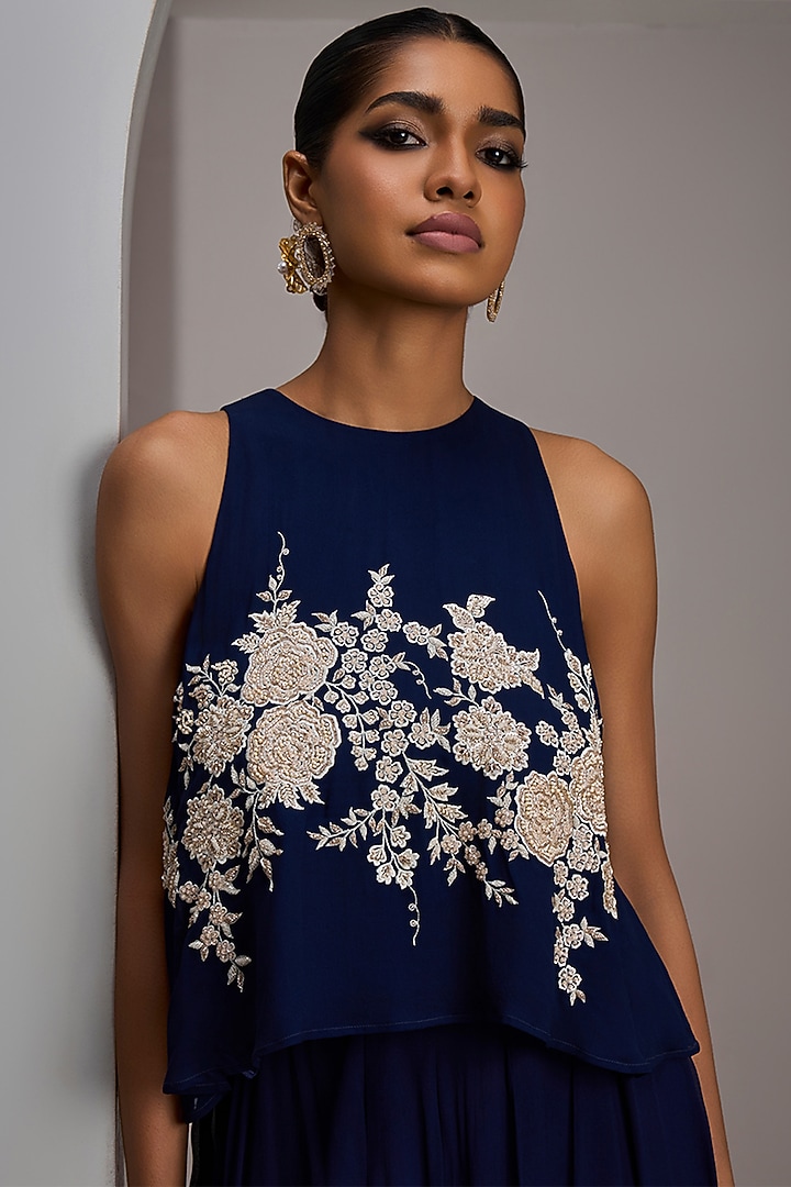 Navy Blue Georgette Flared Wedding Sharara Set by Maisolos at Pernia's Pop Up Shop