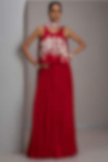 Cherry Red Georgette Gathered Skirt Set by Maisolos at Pernia's Pop Up Shop