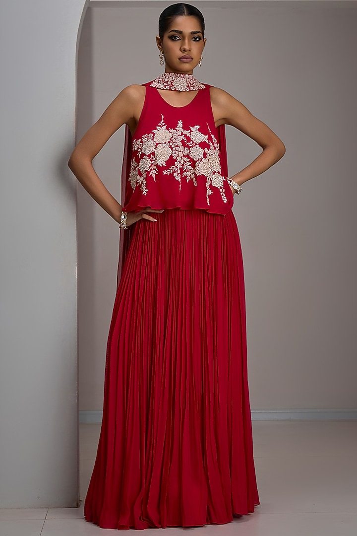 Cherry Red Georgette Gathered Skirt Set by Maisolos at Pernia's Pop Up Shop