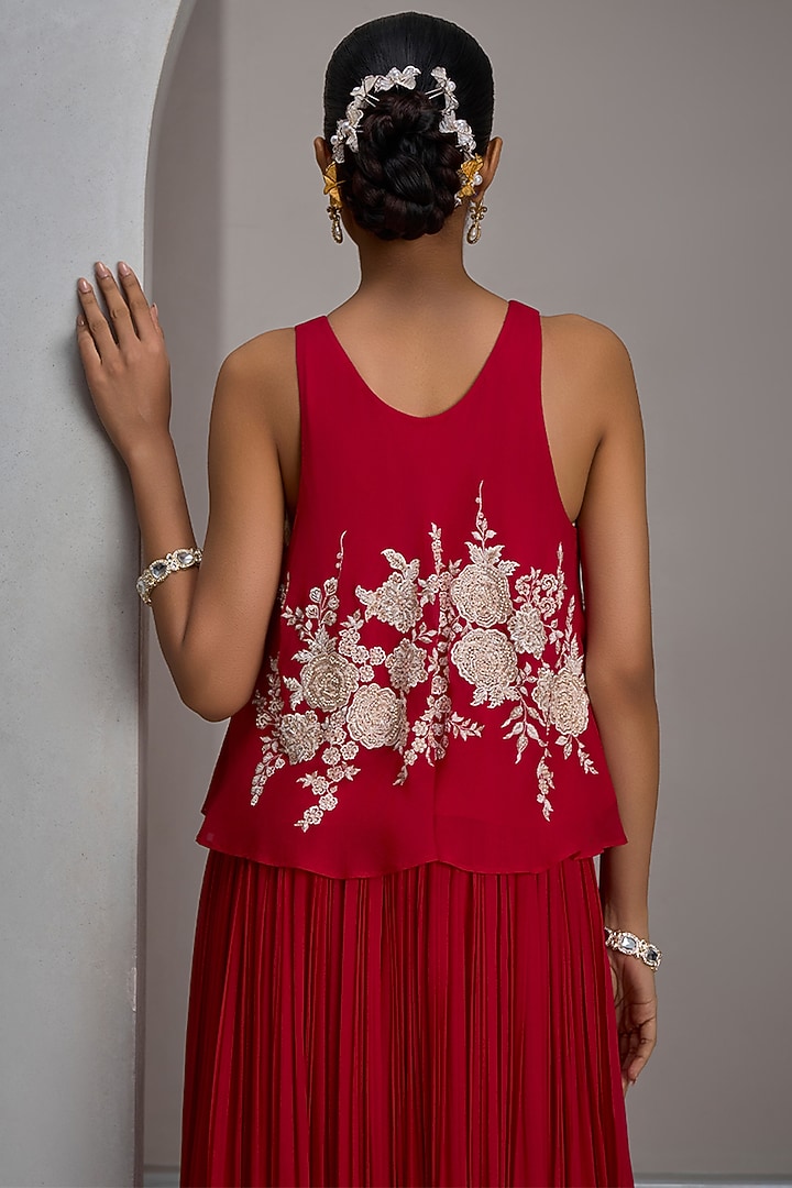 Cherry Red Georgette Gathered Skirt Set by Maisolos at Pernia's Pop Up Shop