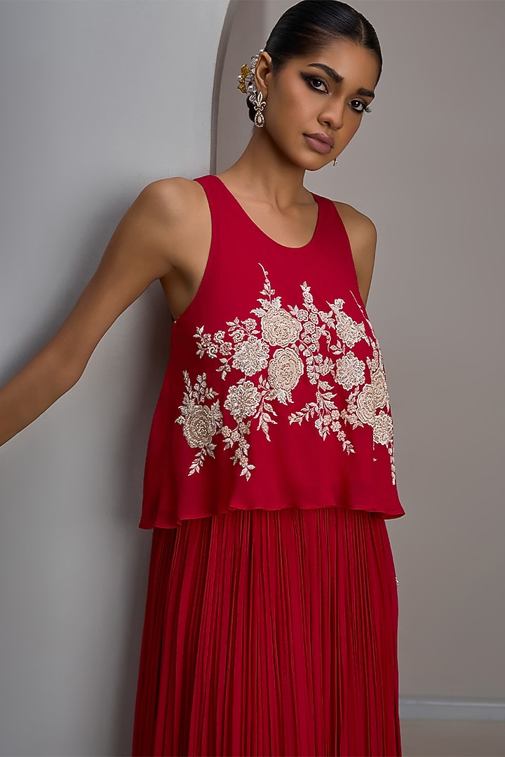 Cherry Red Georgette Gathered Skirt Set by Maisolos at Pernia's Pop Up Shop