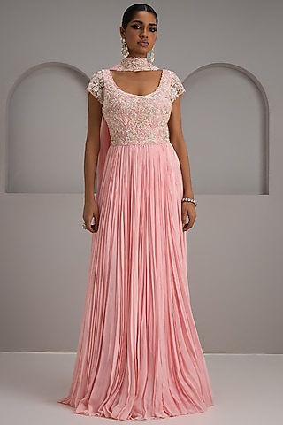 Pastel Pink Net Embroidered Gown by Maisolos