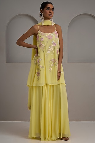 Lemon Yellow Georgette Sharara Set by Maisolos