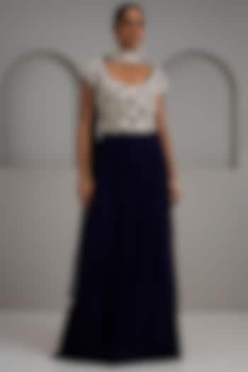 Navy Blue Net Embroidered Gathered Engagement Gown by Maisolos at Pernia's Pop Up Shop