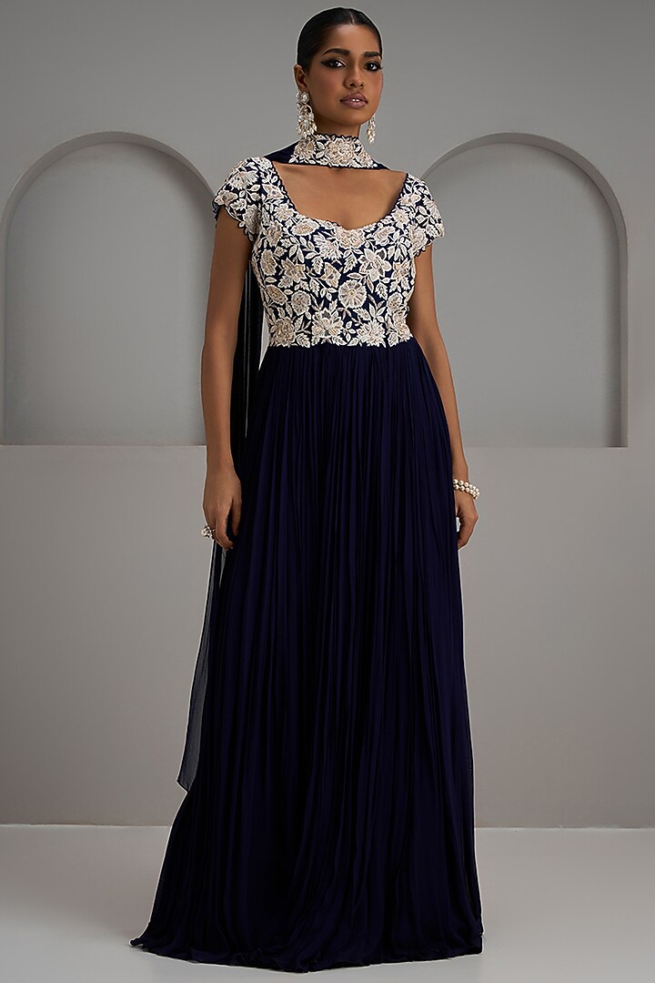 Navy Blue Net Embroidered Gathered Engagement Gown by Maisolos at Pernia's Pop Up Shop