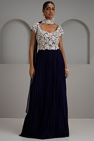 Navy Blue Net Embroidered Gathered Gown by Maisolos