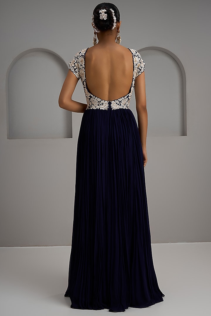 Navy Blue Net Embroidered Gathered Engagement Gown by Maisolos at Pernia's Pop Up Shop