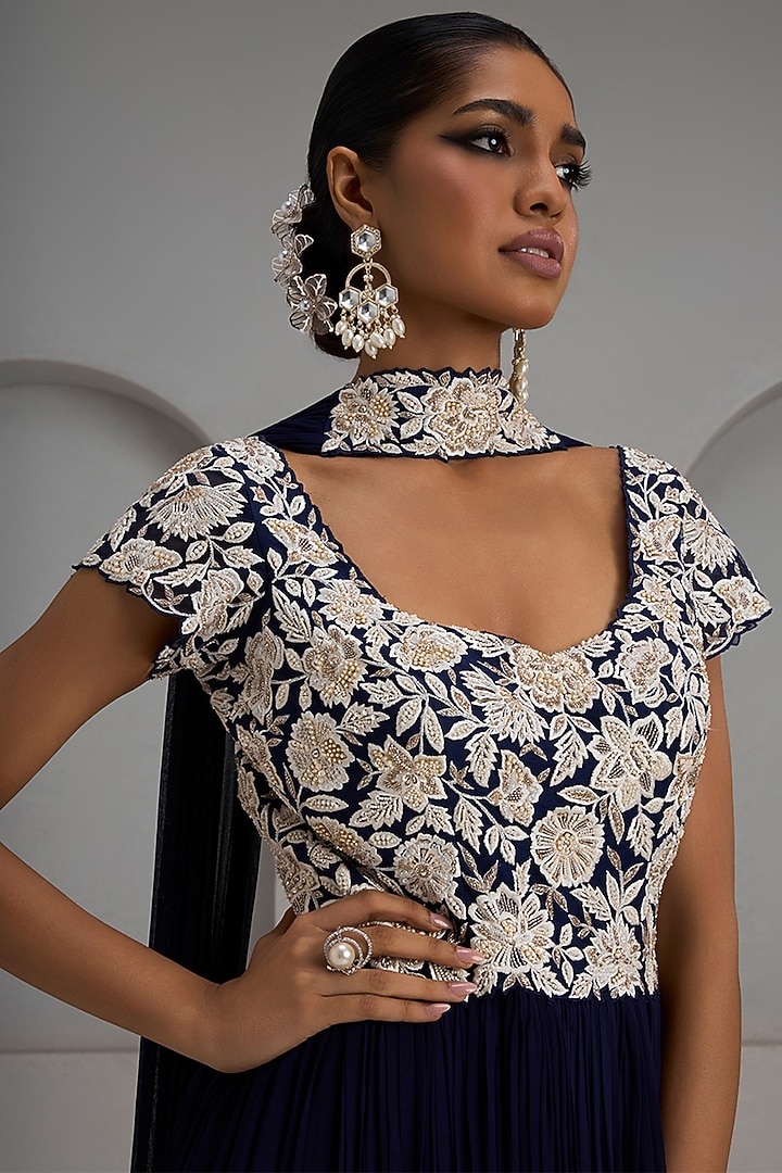 Navy Blue Net Embroidered Gathered Engagement Gown by Maisolos at Pernia's Pop Up Shop