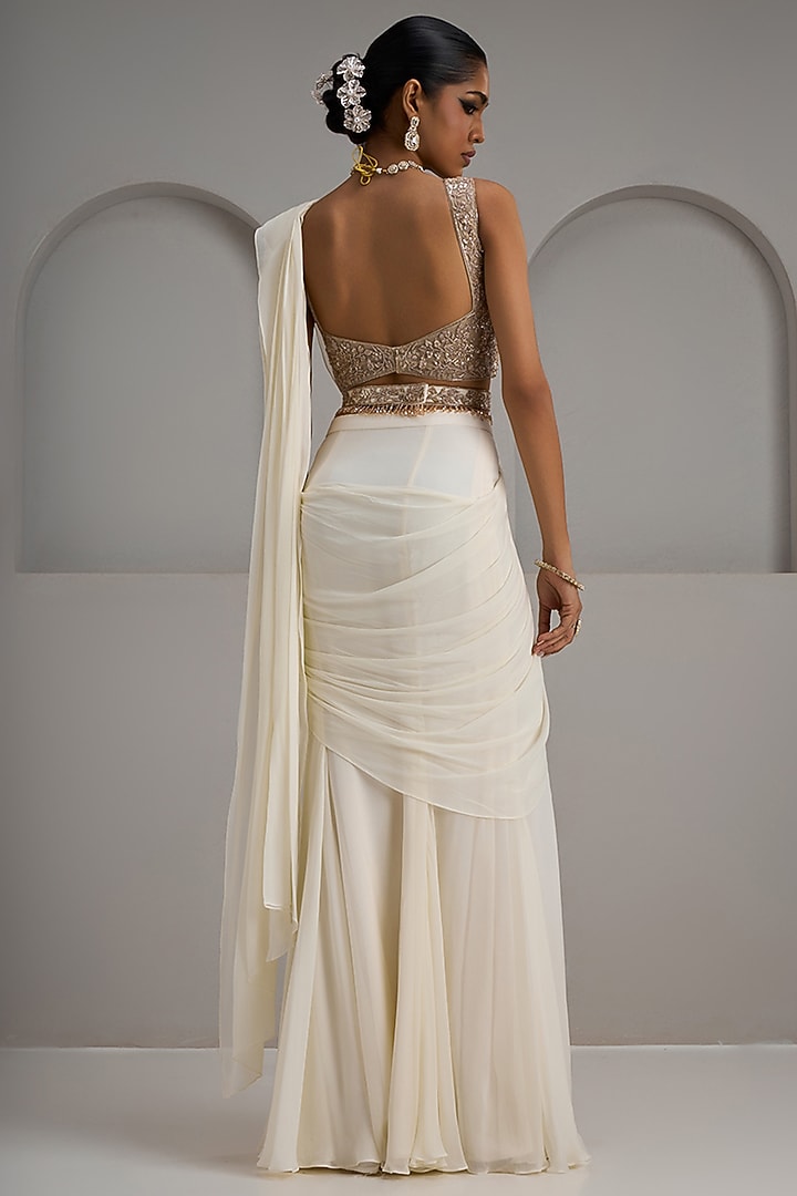 Ivory Georgette Draped Wedding Saree Set by Maisolos at Pernia's Pop Up Shop