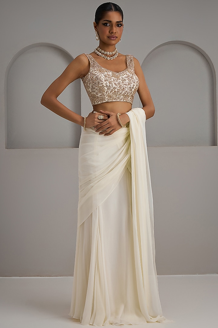 Ivory Georgette Draped Wedding Saree Set by Maisolos at Pernia's Pop Up Shop