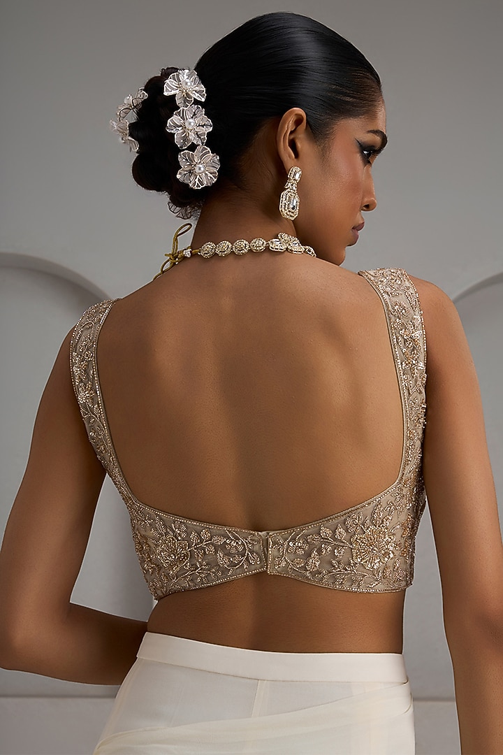 Ivory Georgette Draped Wedding Saree Set by Maisolos at Pernia's Pop Up Shop