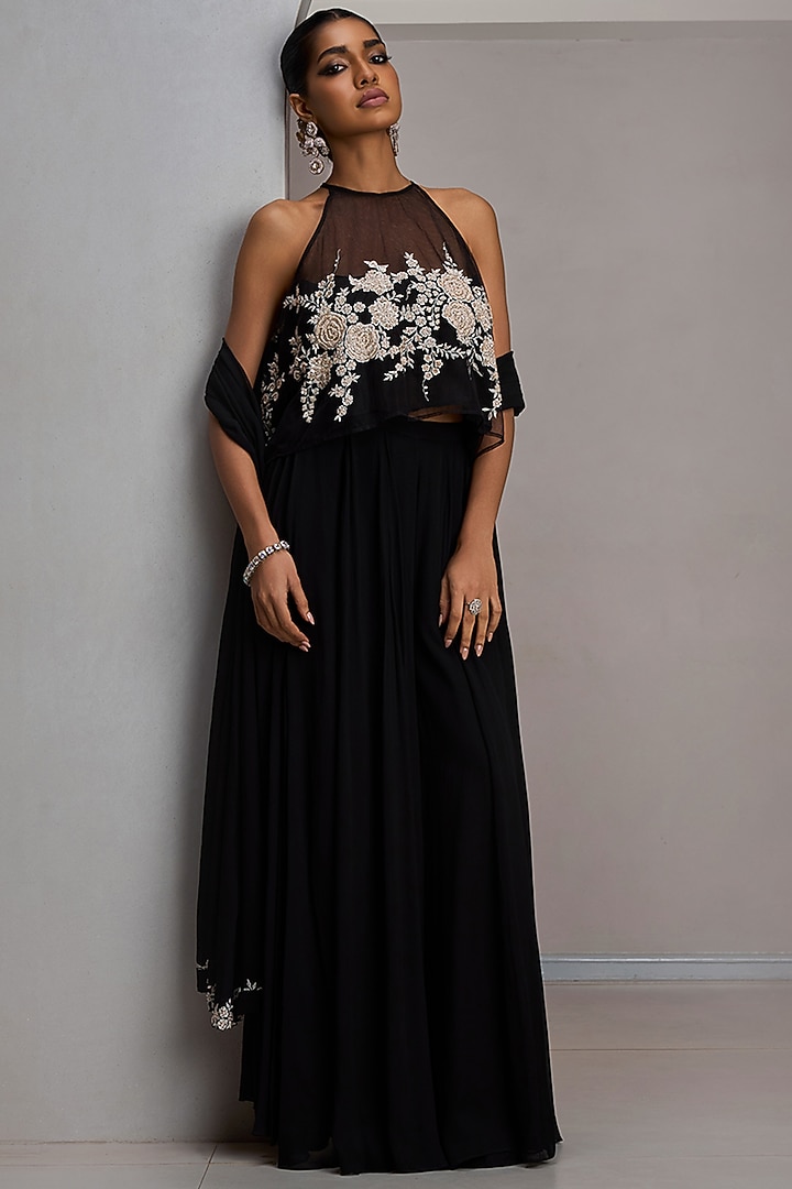 Black Georgette Flared Wedding Sharara Set by Maisolos at Pernia's Pop Up Shop
