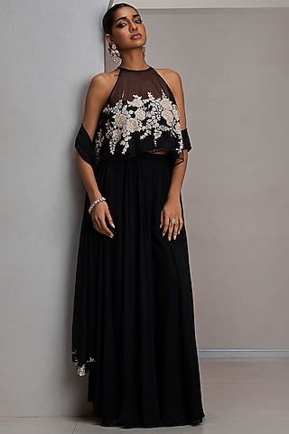 Black Georgette Flared Sharara Set by Maisolos