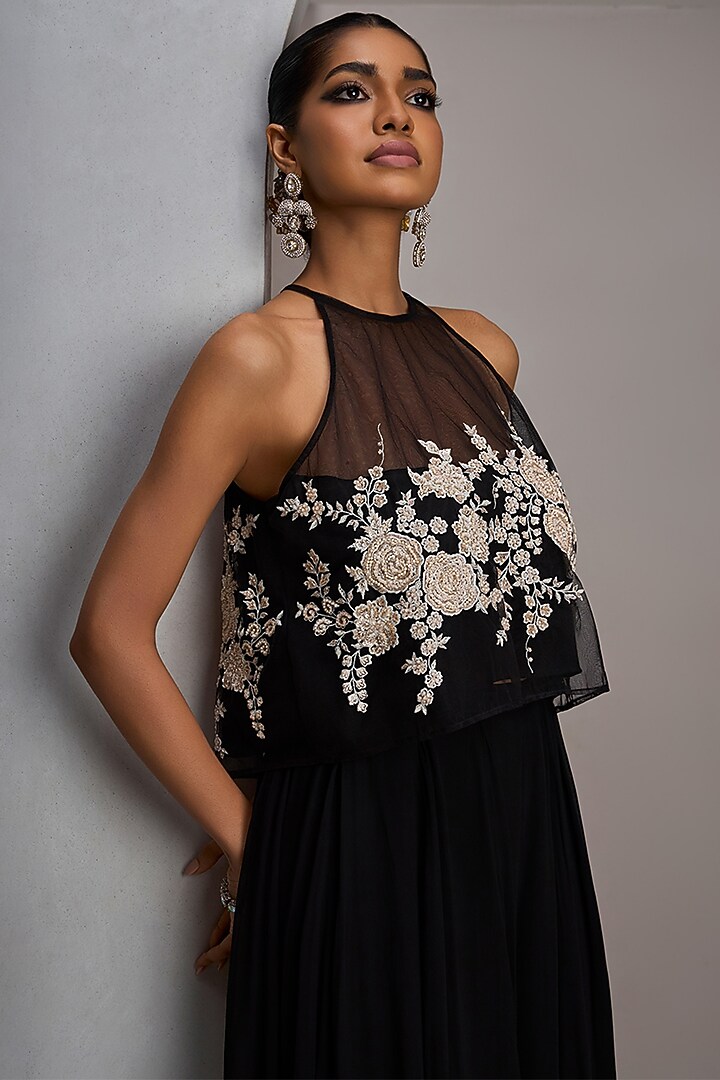 Black Georgette Flared Wedding Sharara Set by Maisolos at Pernia's Pop Up Shop