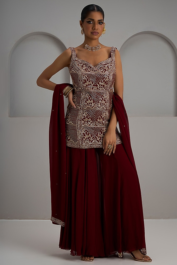 Maroon Georgette Bridal Sharara Set by Maisolos at Pernia's Pop Up Shop