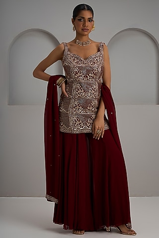 Maroon Georgette Sharara Set by Maisolos