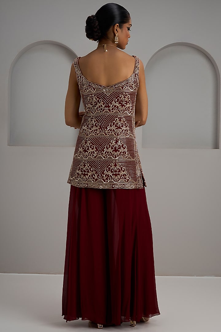 Maroon Georgette Bridal Sharara Set by Maisolos at Pernia's Pop Up Shop