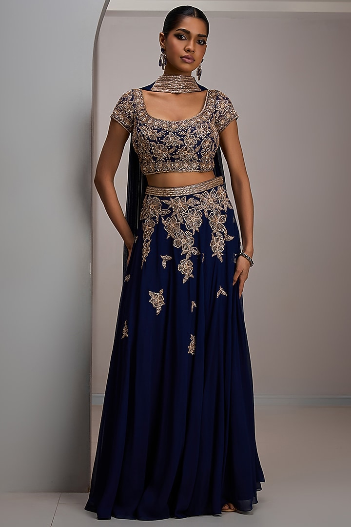Navy Blue Georgette Embroidered Skirt Set by Maisolos at Pernia's Pop Up Shop