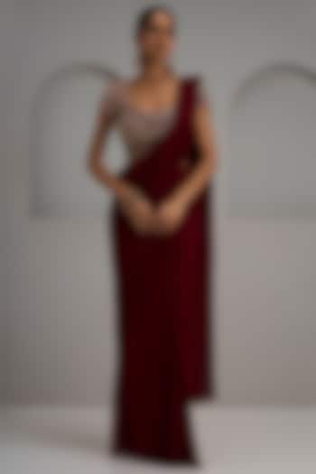 Maroon Georgette Pre-Stitched Wedding Saree Set by Maisolos at Pernia's Pop Up Shop