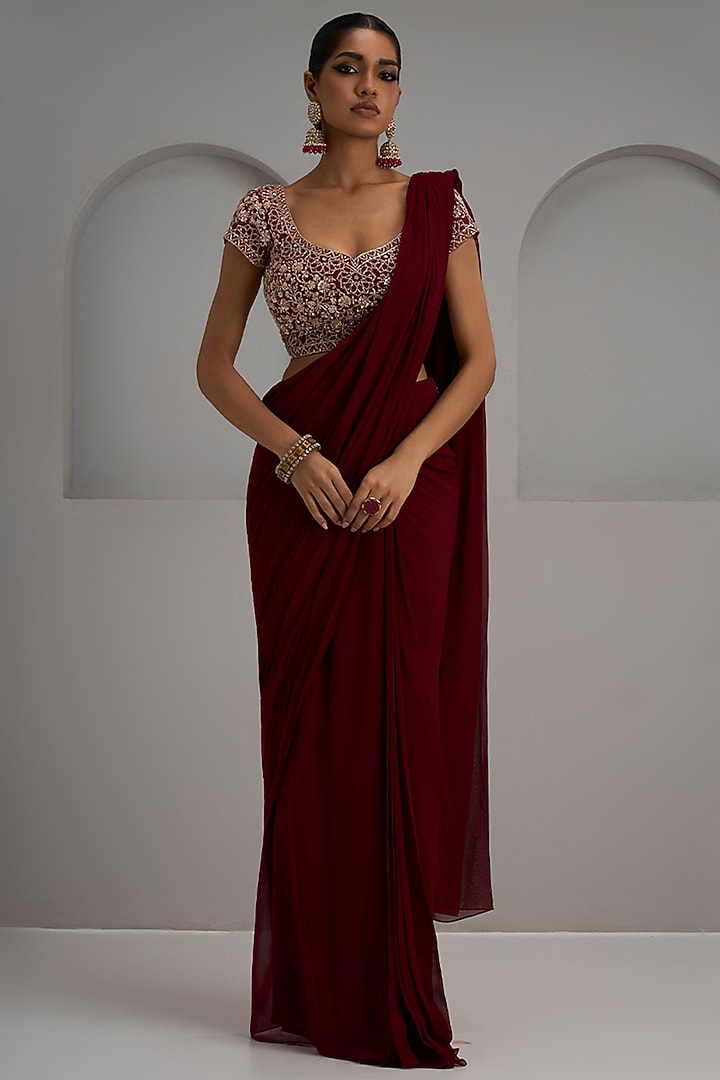 Maroon Georgette Pre-Stitched Wedding Saree Set by Maisolos at Pernia's Pop Up Shop