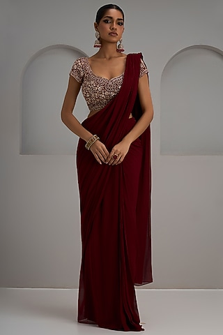 Maroon Georgette Pre-Stitched Saree Set by Maisolos
