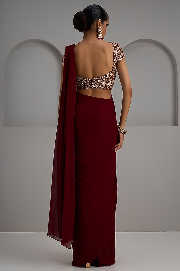 Maroon Georgette Pre-Stitched Wedding Saree Set by Maisolos at Pernia's Pop Up Shop